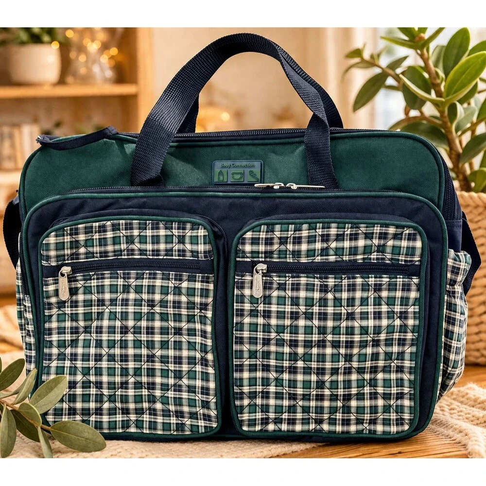 Vintage Baby Connection Plaid Diaper Bag Preppy Equestrian Travel Changing Pad